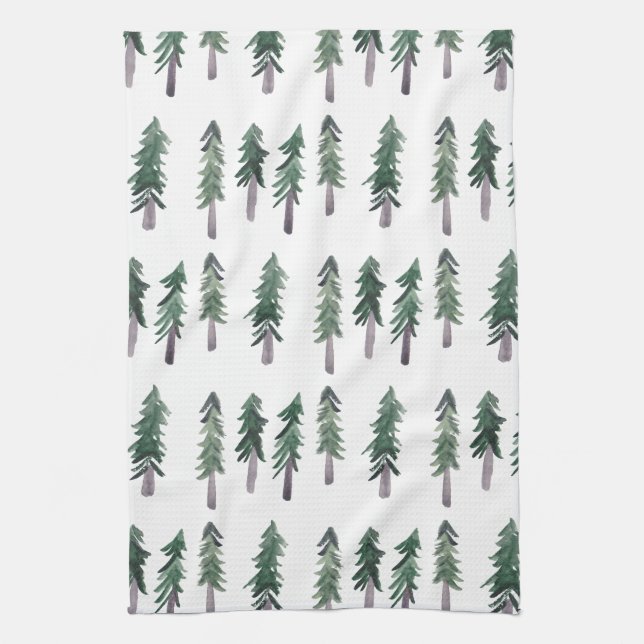 Pine Trees Forest Pattern Watercolor Tea Towel (Vertical)