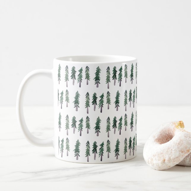 Pine Trees Forest Watercolor Trees Coffee Mug (With Donut)