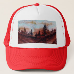 Pine trees on a mountain ridge at sunset trucker hat