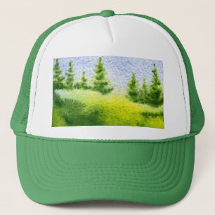 Pine trees on a ridge in green & blue trucker hat