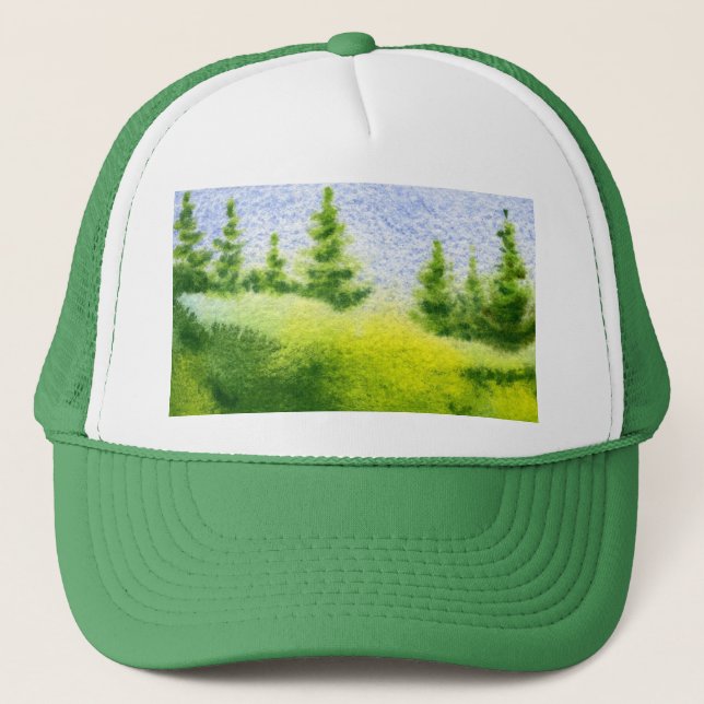 Pine trees on a ridge in green & blue trucker hat (Front)