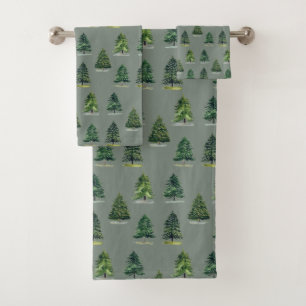 Pine trees pattern Christmas Green Watercolor Bath Towel Set