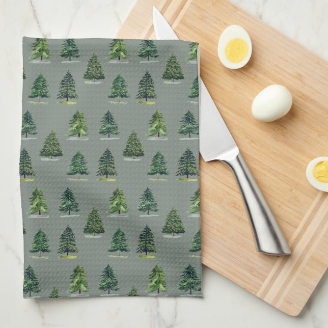 Pine trees pattern Christmas Green Watercolor Tea Towel (Quarter Fold)