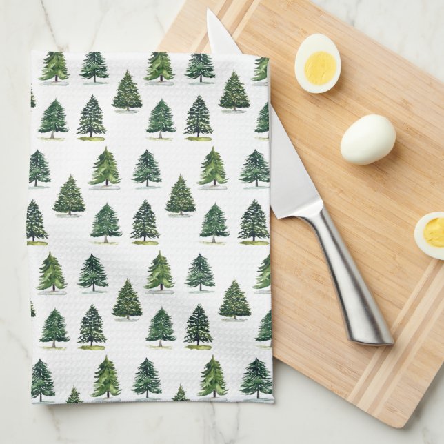 Pine trees pattern Christmas Green Watercolor Tea Towel (Quarter Fold)