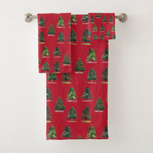 Pine trees pattern Christmas Red Watercolor Bath Towel Set
