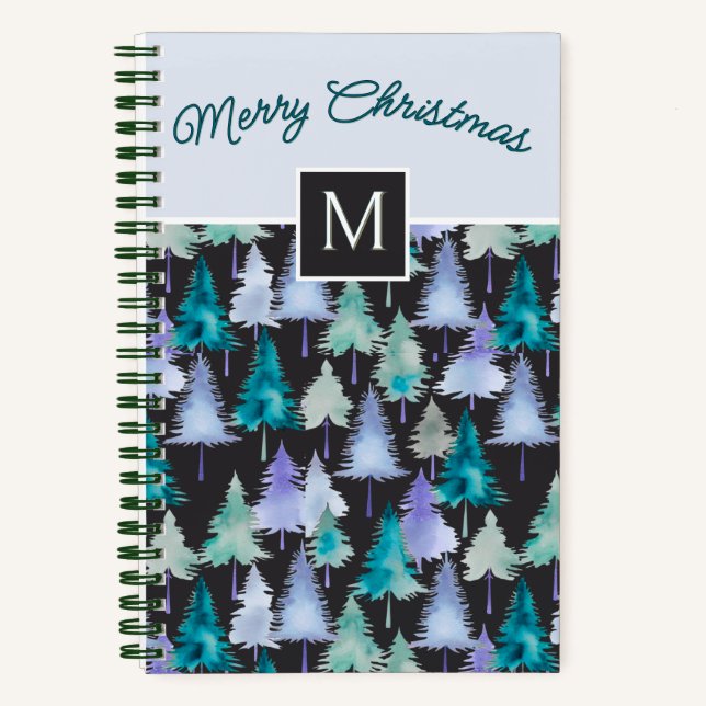 Pine Trees Pattern Festive Blue & Green Christmas Notebook (Front)