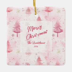 Pine Trees Pink Watercolor Christmas Ceramic Ornament