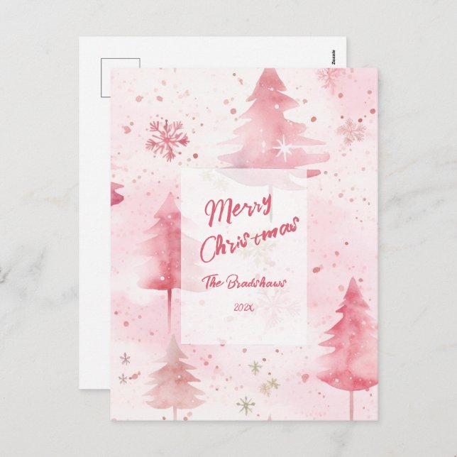Pine Trees Pink Watercolor Christmas Postcard (Front/Back)