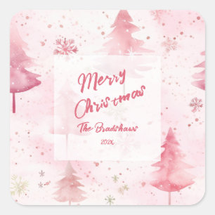 Pine Trees Pink Watercolor Christmas Square Sticker