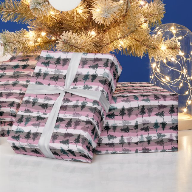 Pine Trees Pink White Grey Stripes Christmas Wrapping Paper (Holidays)