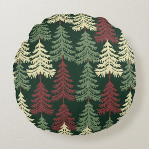 Pine Trees Red Green  Round Cushion