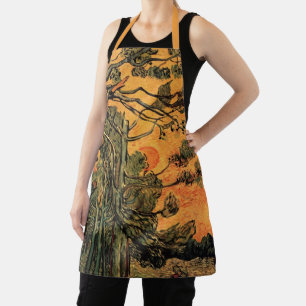 Pine Trees Red Sky Setting Sun by Vincent van Gogh Apron