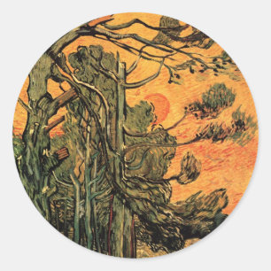 Pine Trees Red Sky Setting Sun by Vincent van Gogh Classic Round Sticker