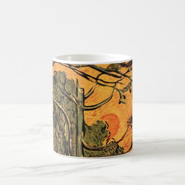 Pine Trees Red Sky Setting Sun by Vincent van Gogh Coffee Mug (Center)