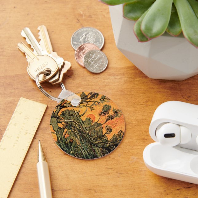 Pine Trees Red Sky Setting Sun by Vincent van Gogh Key Ring (Desk)