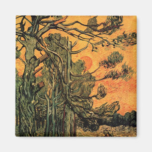Pine Trees Red Sky Setting Sun by Vincent van Gogh Magnet