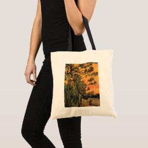 Pine Trees Red Sky Setting Sun by Vincent van Gogh Tote Bag