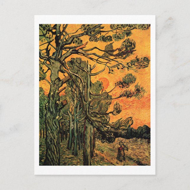 Pine Trees Red Sky Sunset Van Gogh Fine Art Postcard (Front)