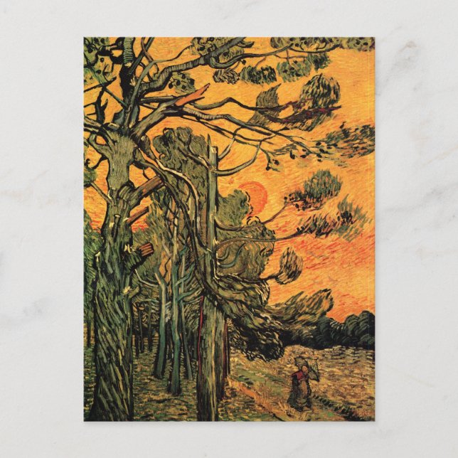 Pine Trees Red Sky Sunset Van Gogh Fine Art Postcard (Front)