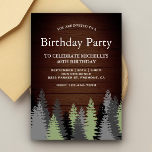 Pine Trees Rustic Wood Winter Birthday Party Invitation