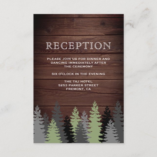 Pine Trees Rustic Wood Winter Wedding Reception Enclosure Card (Front)