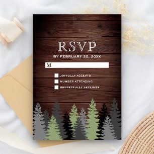 Pine Trees Rustic Wood Winter Wedding RSVP Card