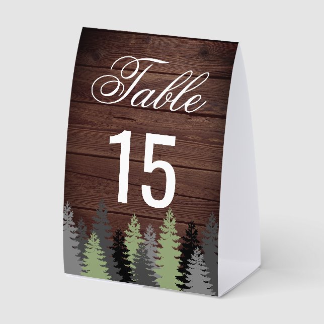 Pine Trees Rustic Wood Winter Wedding Table Number (Front)