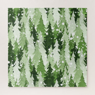 Pine Trees Snow: Watercolor Christmas. Jigsaw Puzzle