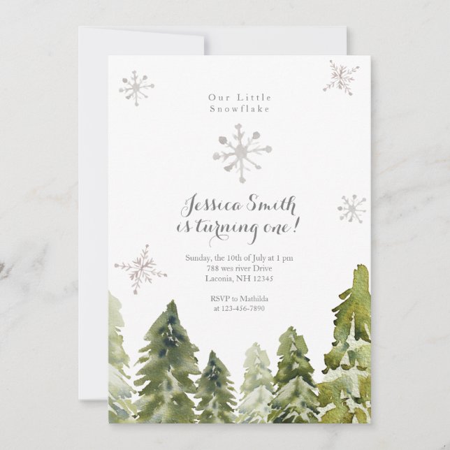 Pine Trees Snowflakes 1st birthday Invitation (Front)