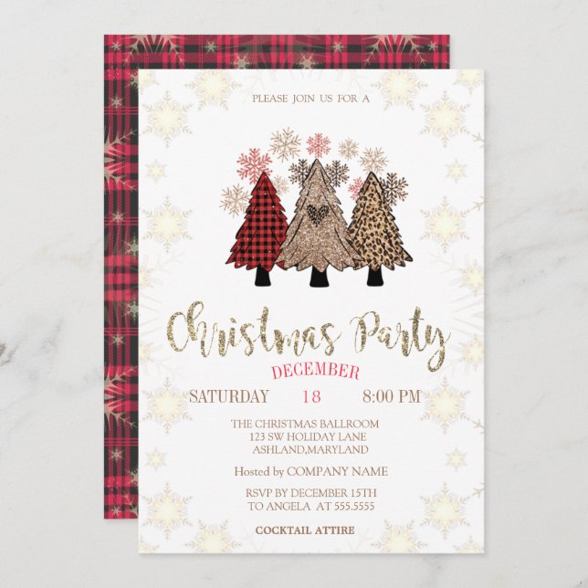 Pine Trees Snowflakes Buffalo Plaid Christmas Invitation (Front/Back)