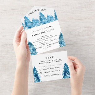 Pine Trees Sweet 16 Pretty Blue Girly All In One Invitation