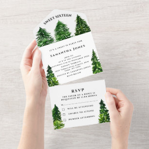Pine Trees Sweet 16 Pretty Green Girly Winter All In One Invitation