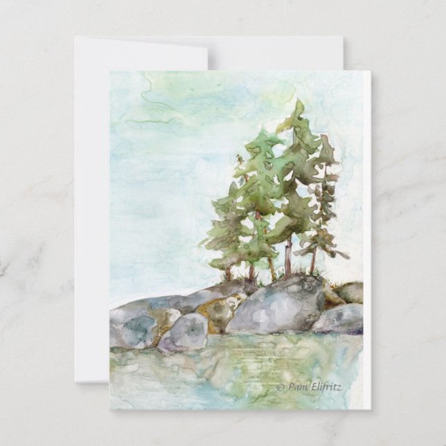 Pine Trees water & Rocks  watercolor of BWCAW, MN Card (Front)