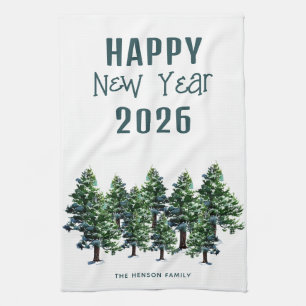 Pine Trees Watercolor Painting Happy New Year 2026 Tea Towel