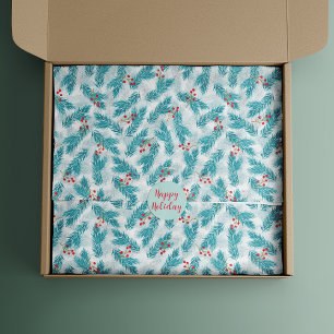 Pine Twigs and Red Berries Christmas Pattern White Tissue Paper