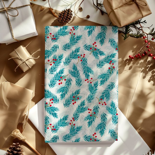 Pine Twigs and Red Berries Christmas Pattern White Wrapping Paper (Creator Uploaded)