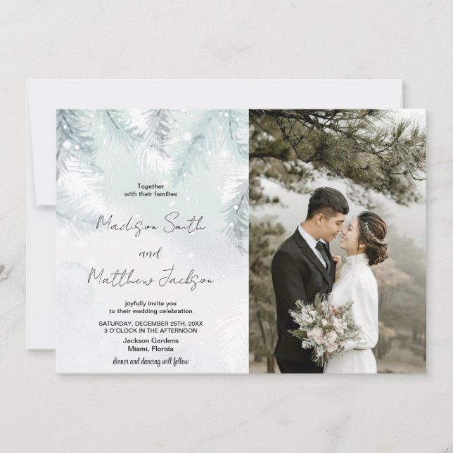Pine White Snow Wedding Invitations with photo (Front)
