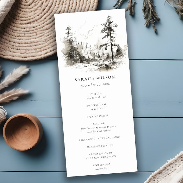 Pine Woods Landscape Sketch Wedding Program Invitation (Creator Uploaded)
