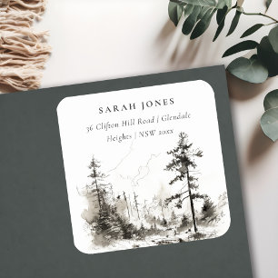 Pine Woods Mountain Landscape Sketch Address Square Sticker