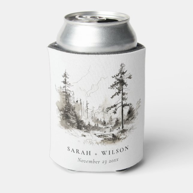 Pine Woods Mountain Landscape Sketch Wedding Can Cooler (Can Back)