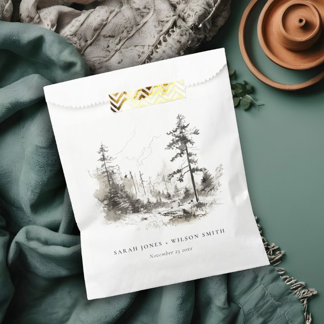 Pine Woods Mountain Landscape Sketch Wedding Favour Bags (Creator Uploaded)