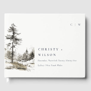 Pine Woods Mountain Landscape Sketch Wedding Guest Book