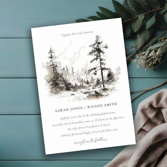 Pine Woods Mountain Landscape Sketch Wedding Invitation (Creator Uploaded)