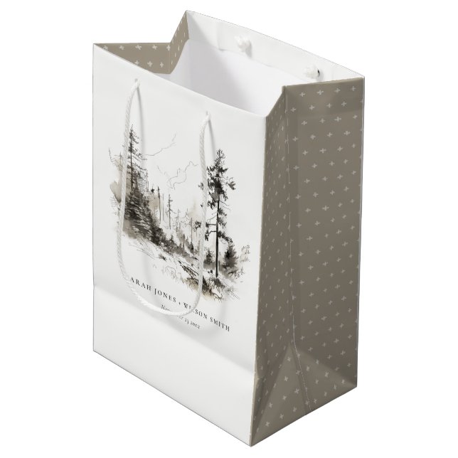 Pine Woods Mountain Landscape Sketch Wedding Medium Gift Bag (Front Angled)