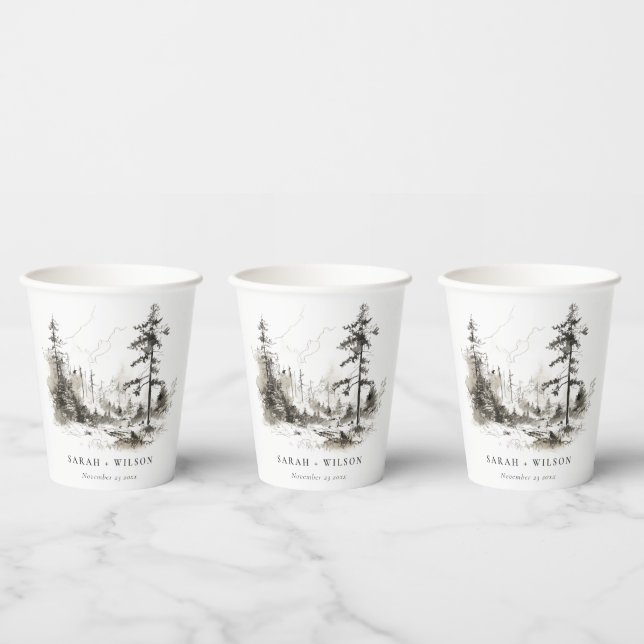 Pine Woods Mountain Landscape Sketch Wedding Paper Cups (Multi)