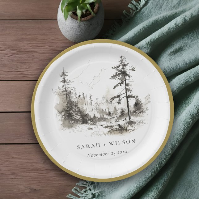 Pine Woods Mountain Landscape Sketch Wedding Paper Plate (Creator Uploaded)