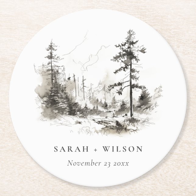 Pine Woods Mountain Landscape Sketch Wedding Round Paper Coaster (Front)