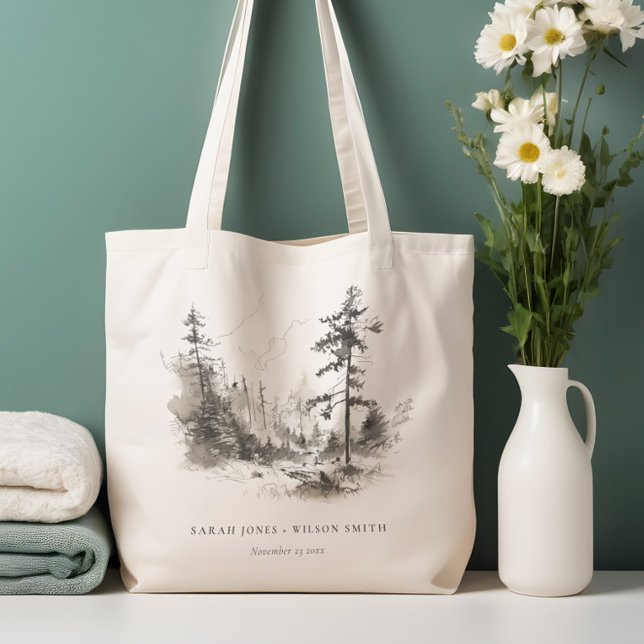 Pine Woods Mountain Landscape Sketch Wedding Tote Bag (Creator Uploaded)