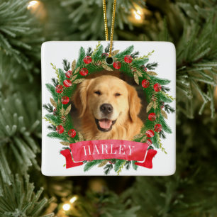 Pine Wreath Dog Photo Ceramic Ornament
