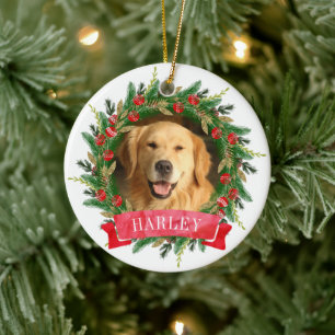 Pine Wreath Dog Photo Ceramic Tree Decoration